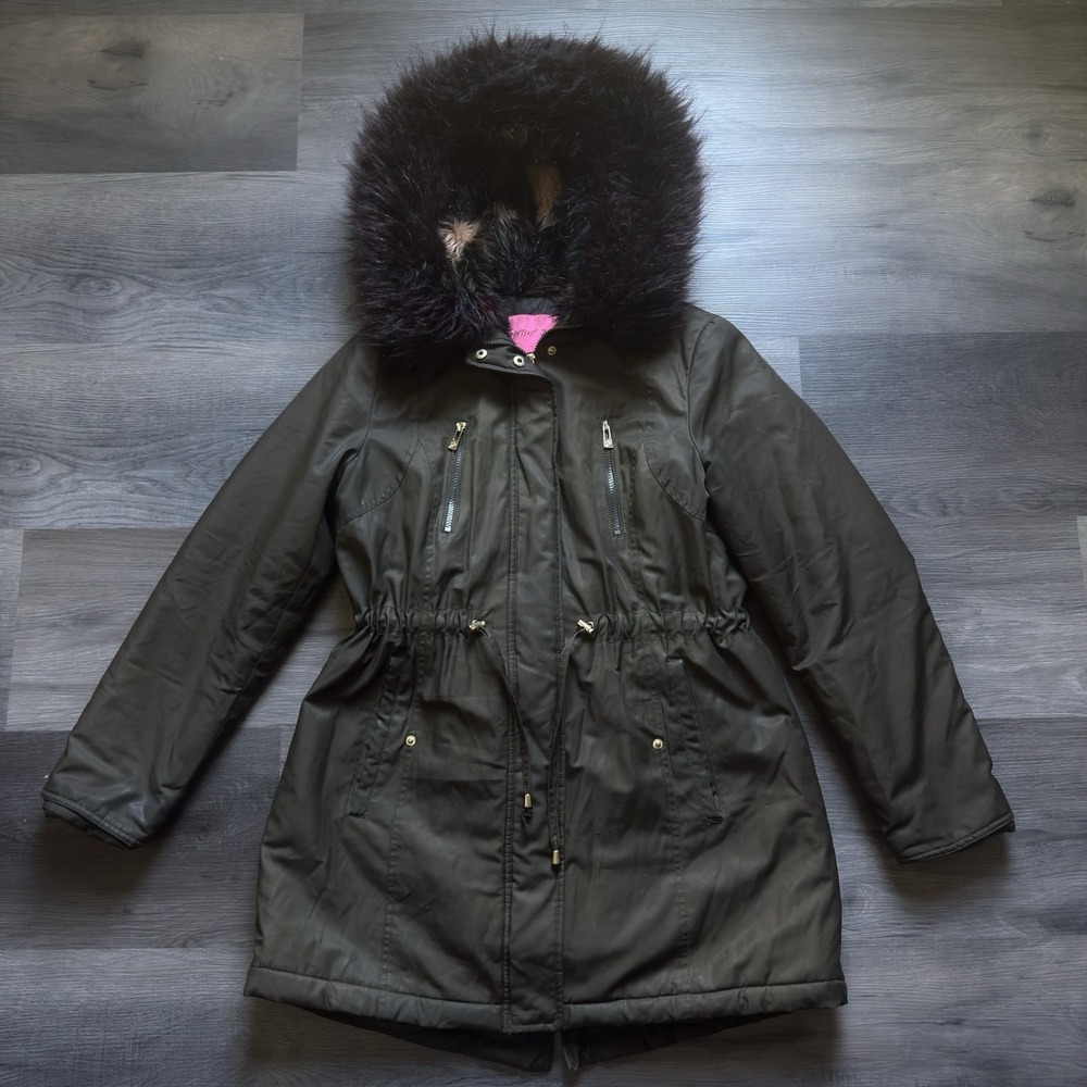 Betsey Johnson Faux Fur Trim Parka Coat Womens L Olive Green Pockets ZIpper